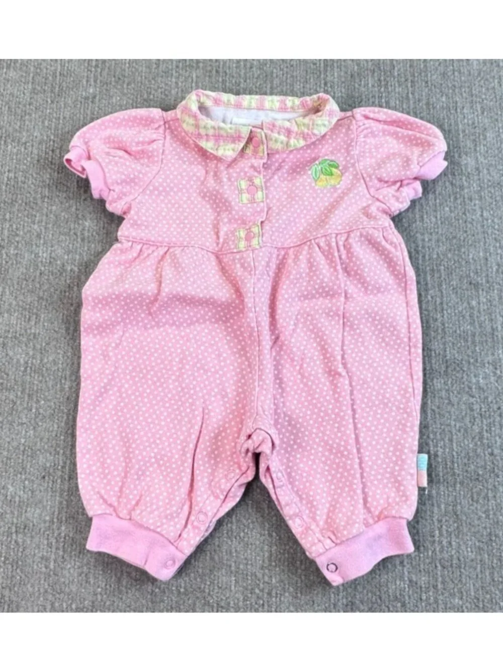 VTG 1998 Gymboree Newborn 3-6M Pink Polka Dot Lemon Romper Playsuit Bubble Plaid